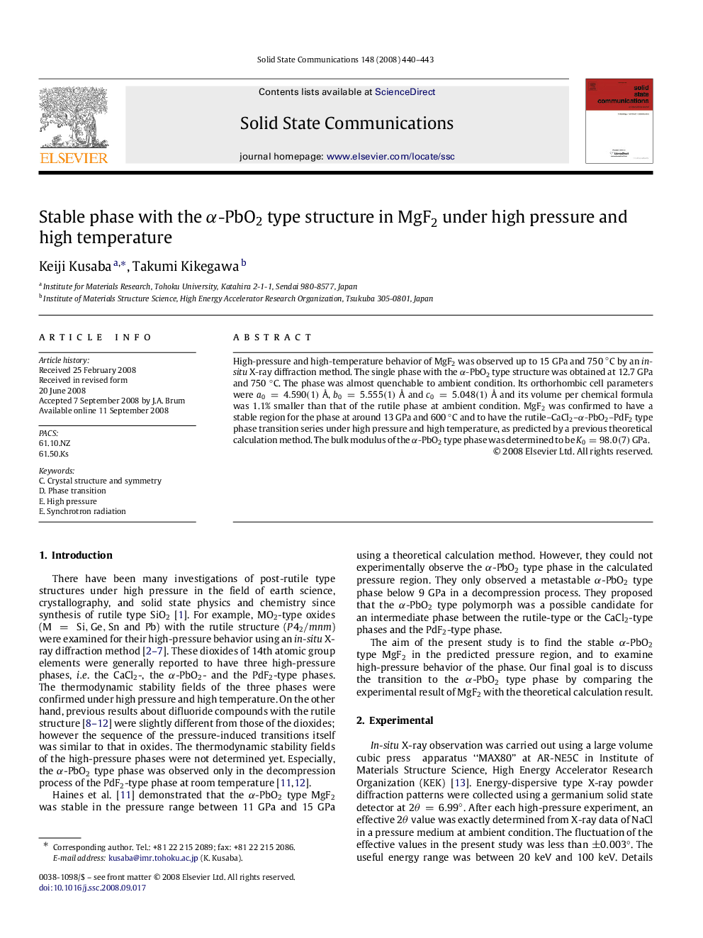 Stable phase with the Î±-PbO2 type structure in MgF2 under high pressure and high temperature