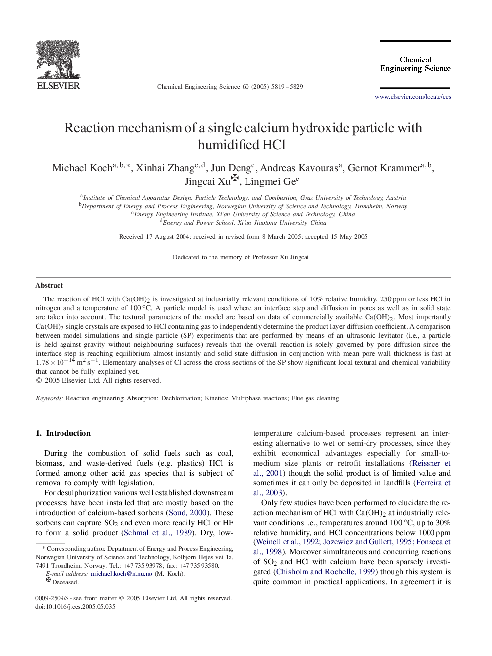 Reaction mechanism of a single calcium hydroxide particle with humidified HCl