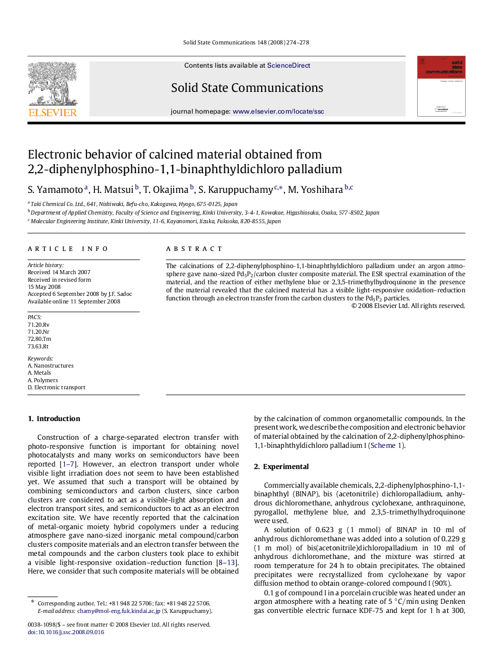 Electronic behavior of calcined material obtained from 2,2-diphenylphosphino-1,1-binaphthyldichloro palladium