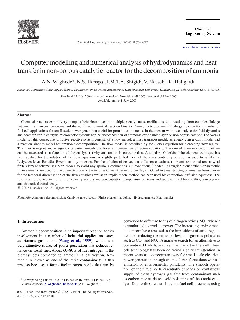 Computer modelling and numerical analysis of hydrodynamics and heat transfer in non-porous catalytic reactor for the decomposition of ammonia