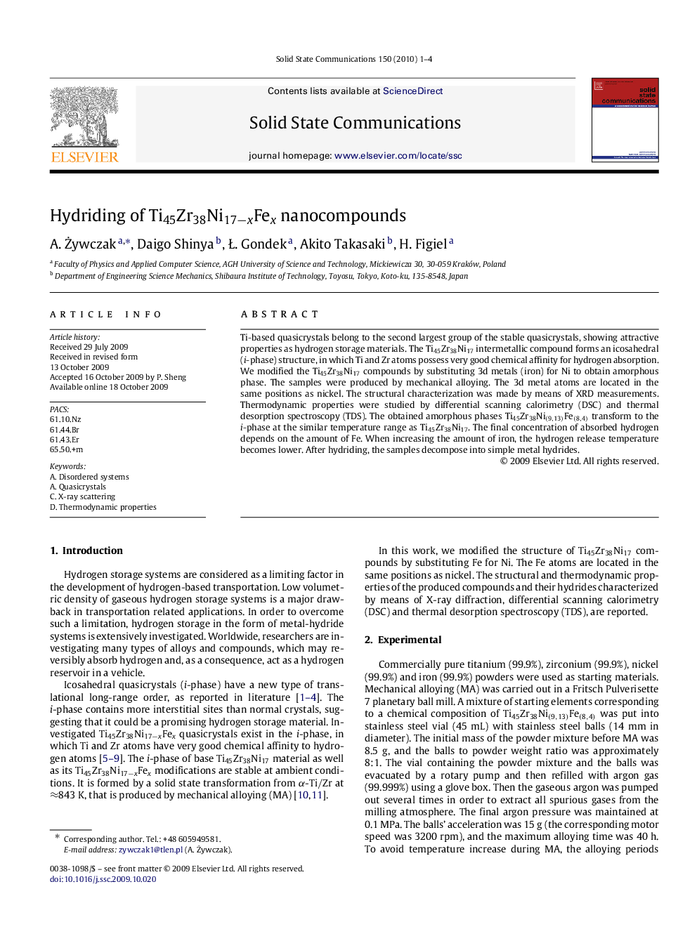 Hydriding of Ti45Zr38Ni17−xFex nanocompounds