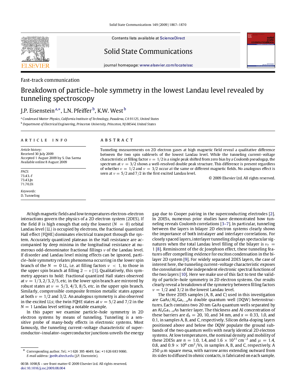 Breakdown of particle-hole symmetry in the lowest Landau level revealed by tunneling spectroscopy