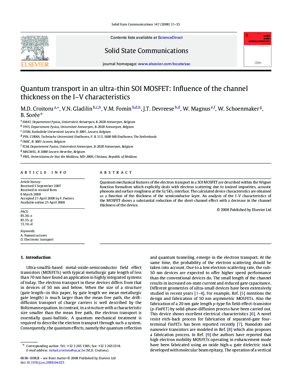 Quantum transport in an ultra-thin SOI MOSFET: Influence of the channel thickness on the I–V characteristics