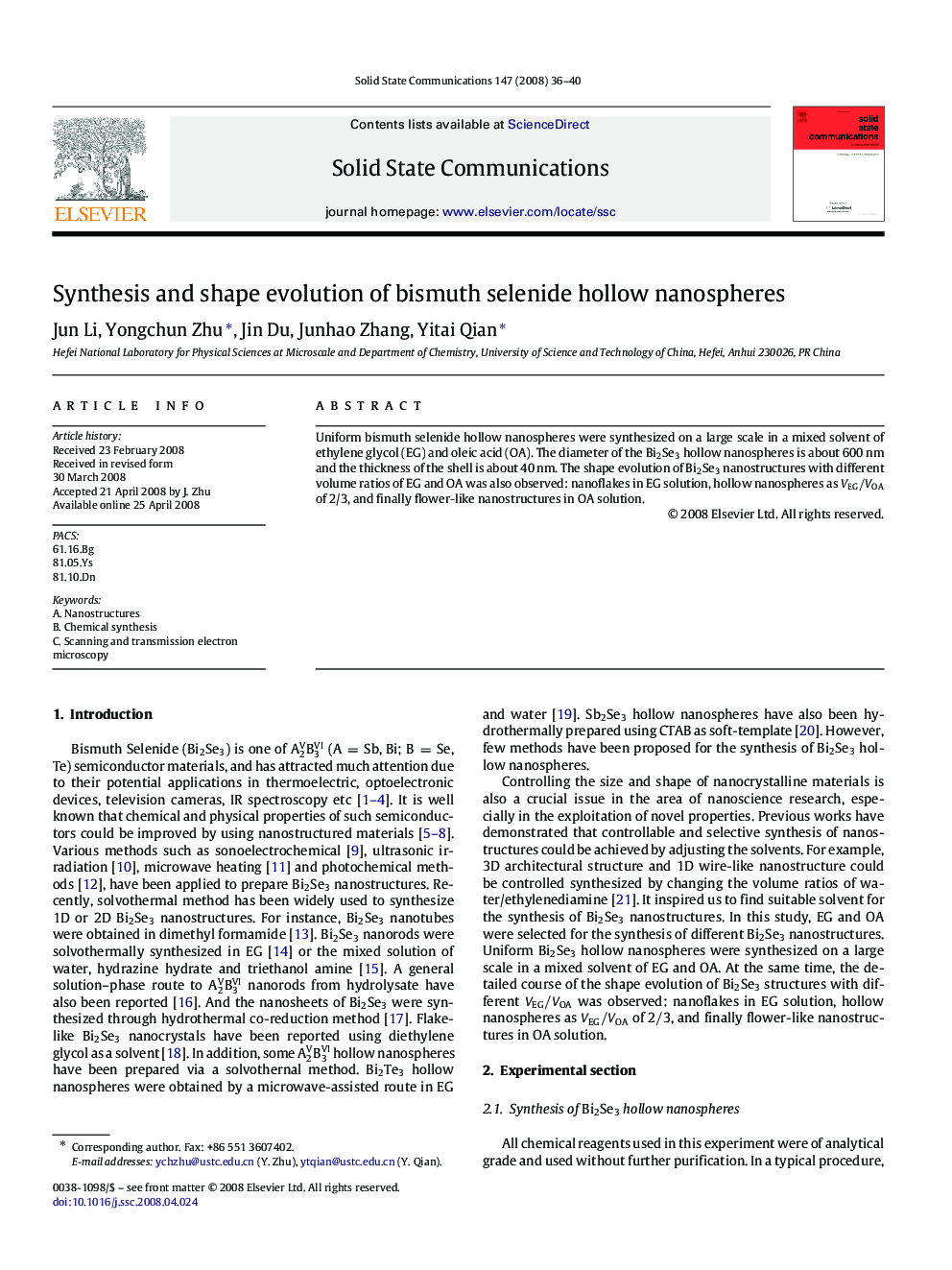 Synthesis and shape evolution of bismuth selenide hollow nanospheres