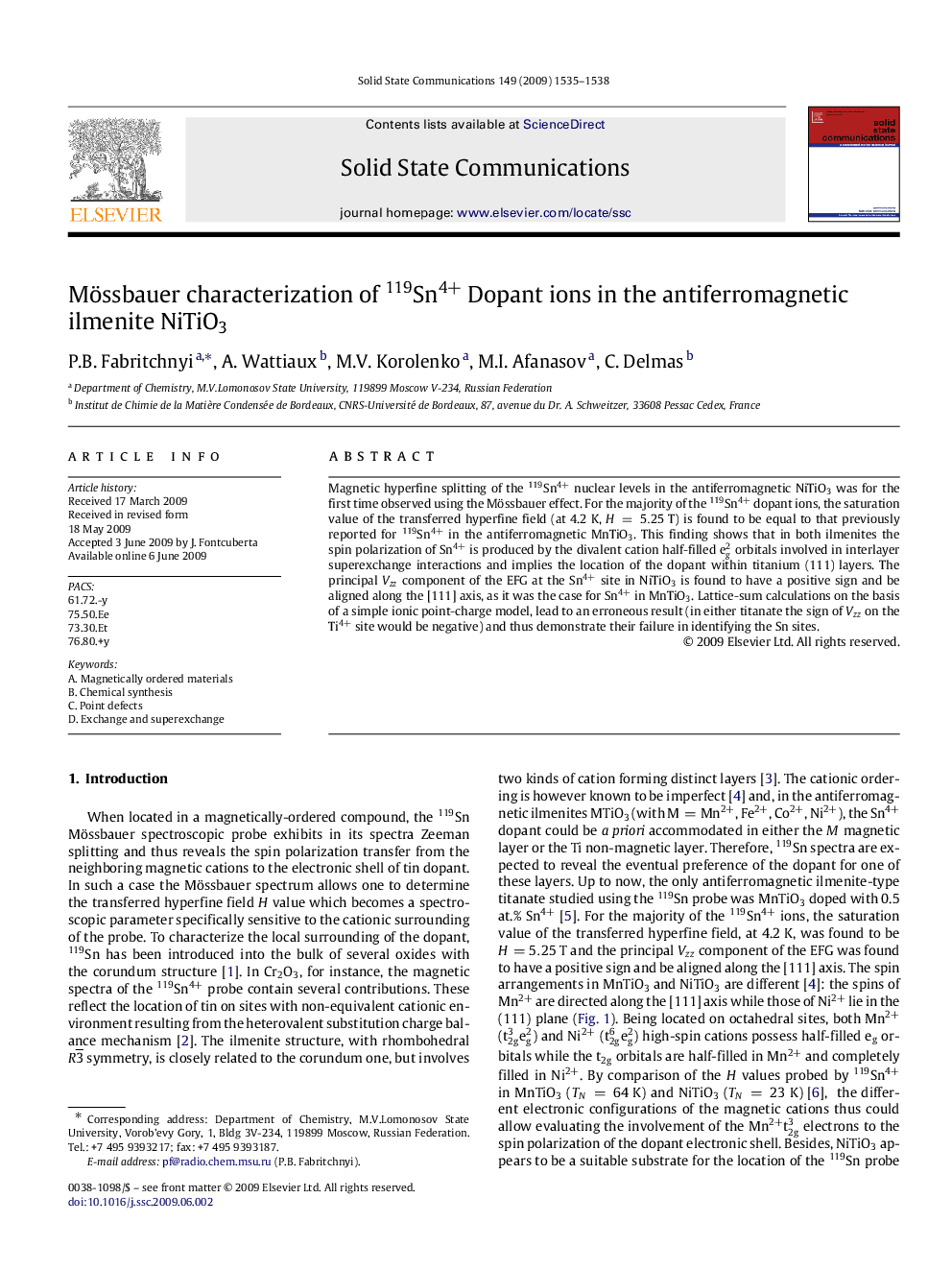 عکس صفحه اول مقاله: Mössbauer characterization of 119Sn4 + Dopant ions in the antiferromagnetic ilmenite NiTiO3 Mössbauer characterization of 119Sn4 + Dopant ions in the antiferromagnetic ilmenite NiTiO3