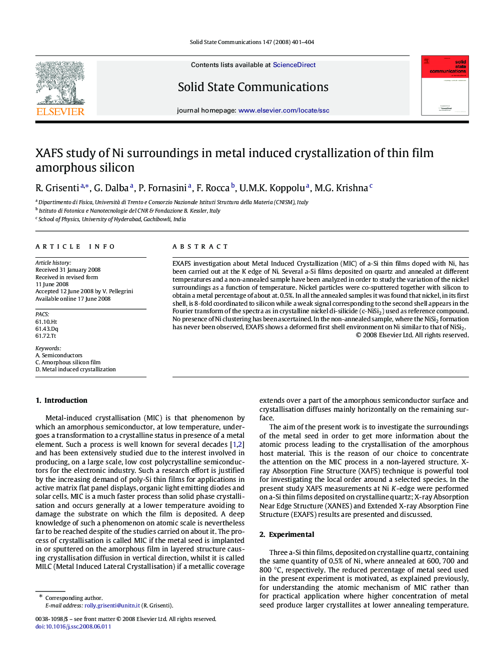 XAFS study of Ni surroundings in metal induced crystallization of thin film amorphous silicon