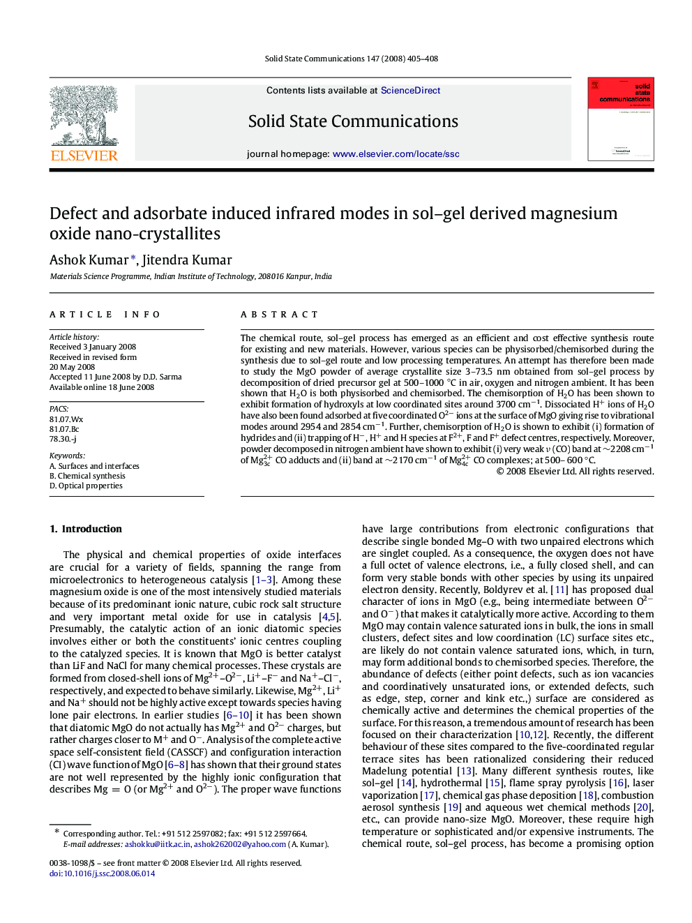 Defect and adsorbate induced infrared modes in sol–gel derived magnesium oxide nano-crystallites