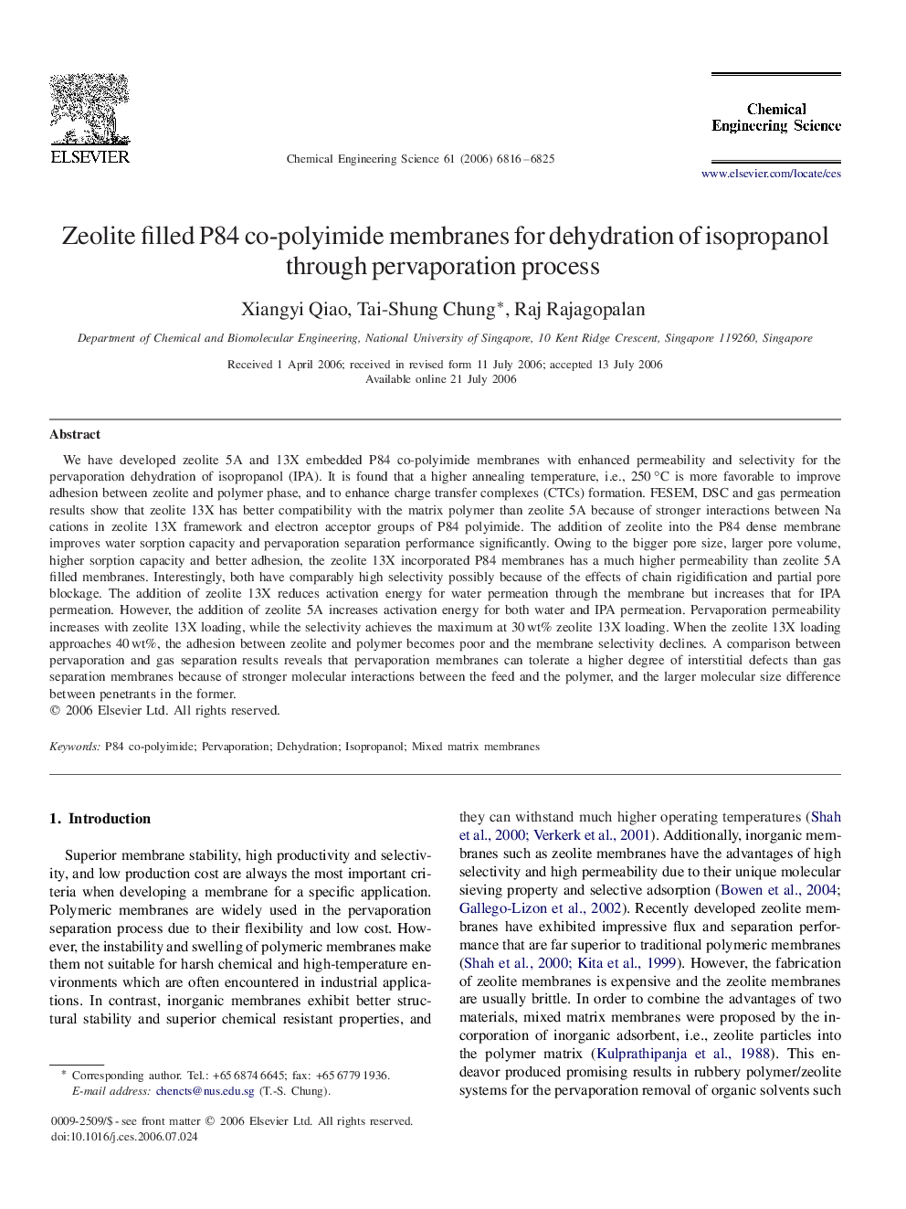 Zeolite filled P84 co-polyimide membranes for dehydration of isopropanol through pervaporation process