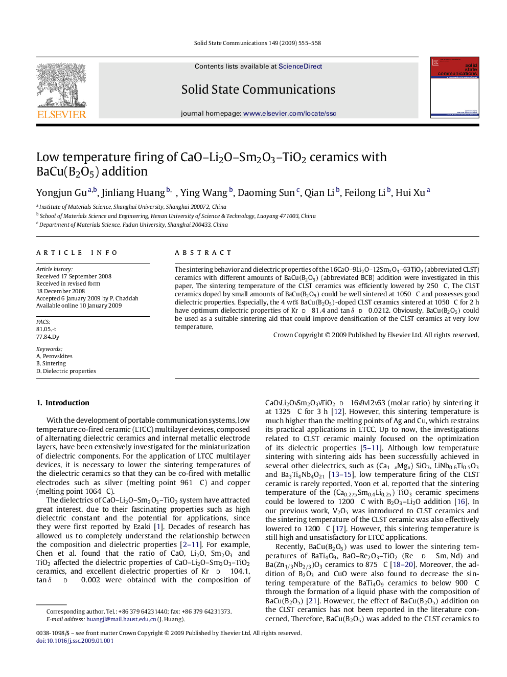 Low temperature firing of CaO–Li2O–Sm2O3–TiO2 ceramics with BaCu(B2O5) addition