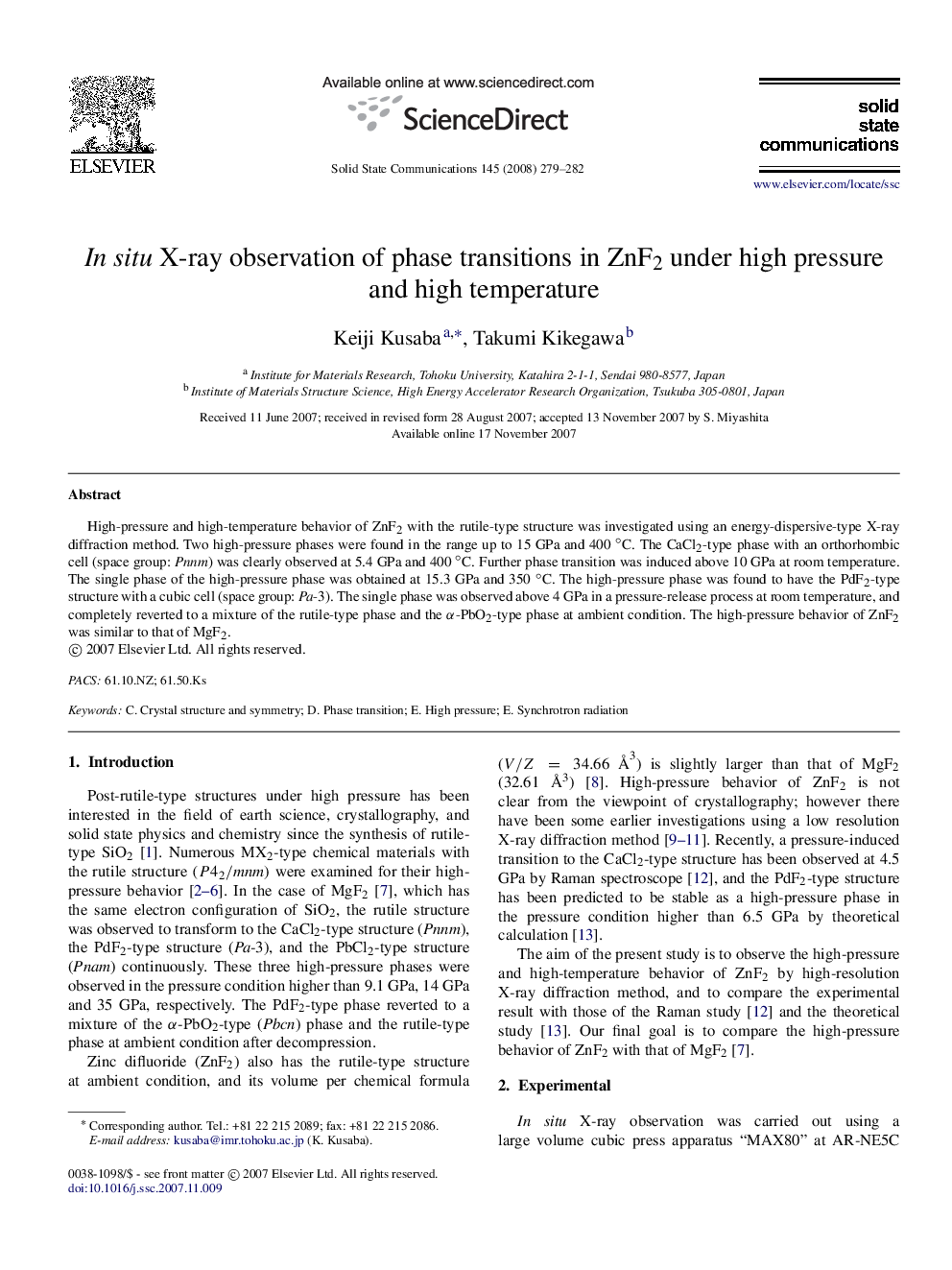 In situ X-ray observation of phase transitions in ZnF2 under high pressure and high temperature