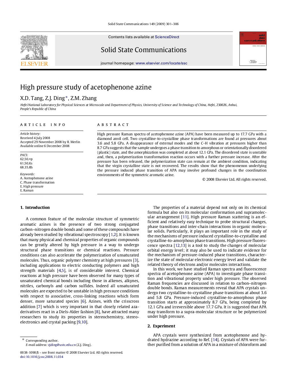 High pressure study of acetophenone azine