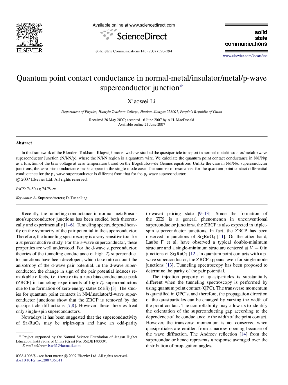 Quantum point contact conductance in normal-metal/insulator/metal/p-wave superconductor junction 