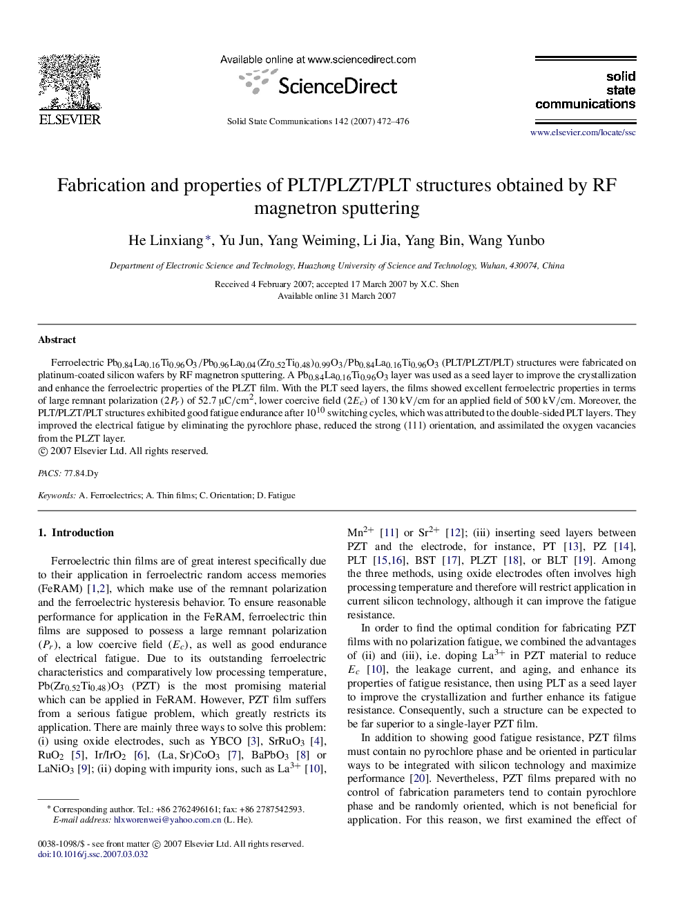 Fabrication and properties of PLT/PLZT/PLT structures obtained by RF magnetron sputtering