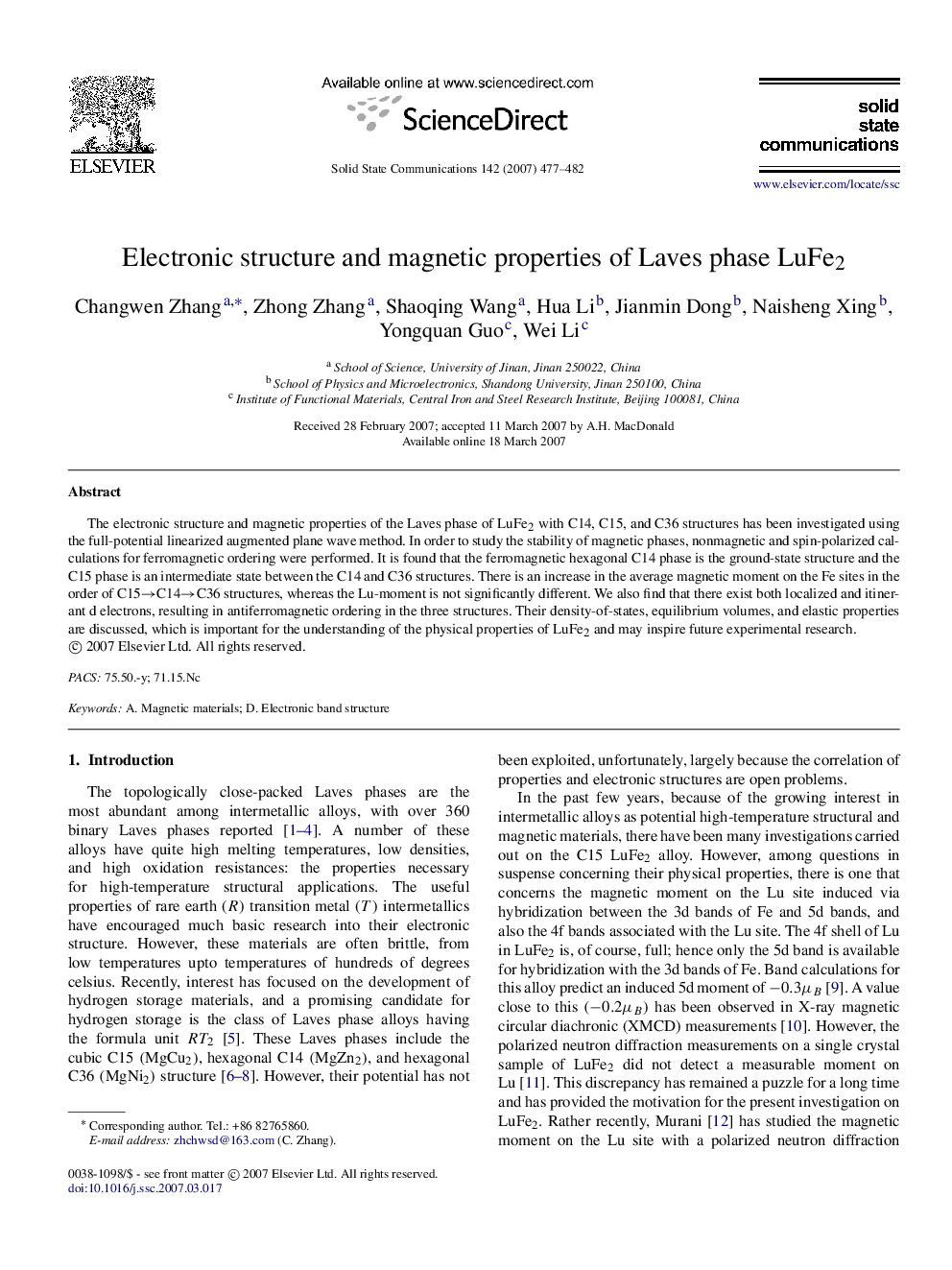 Electronic structure and magnetic properties of Laves phase LuFe2