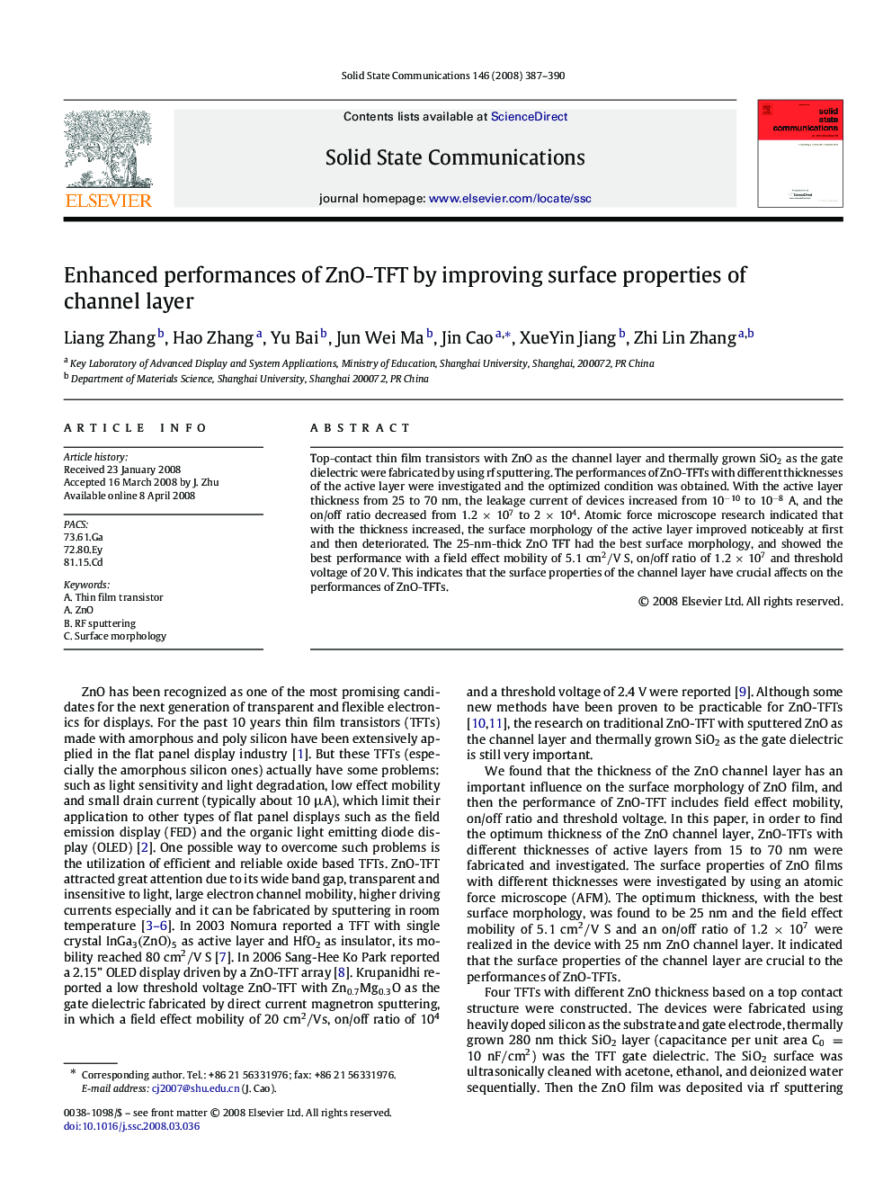 Enhanced performances of ZnO-TFT by improving surface properties of channel layer