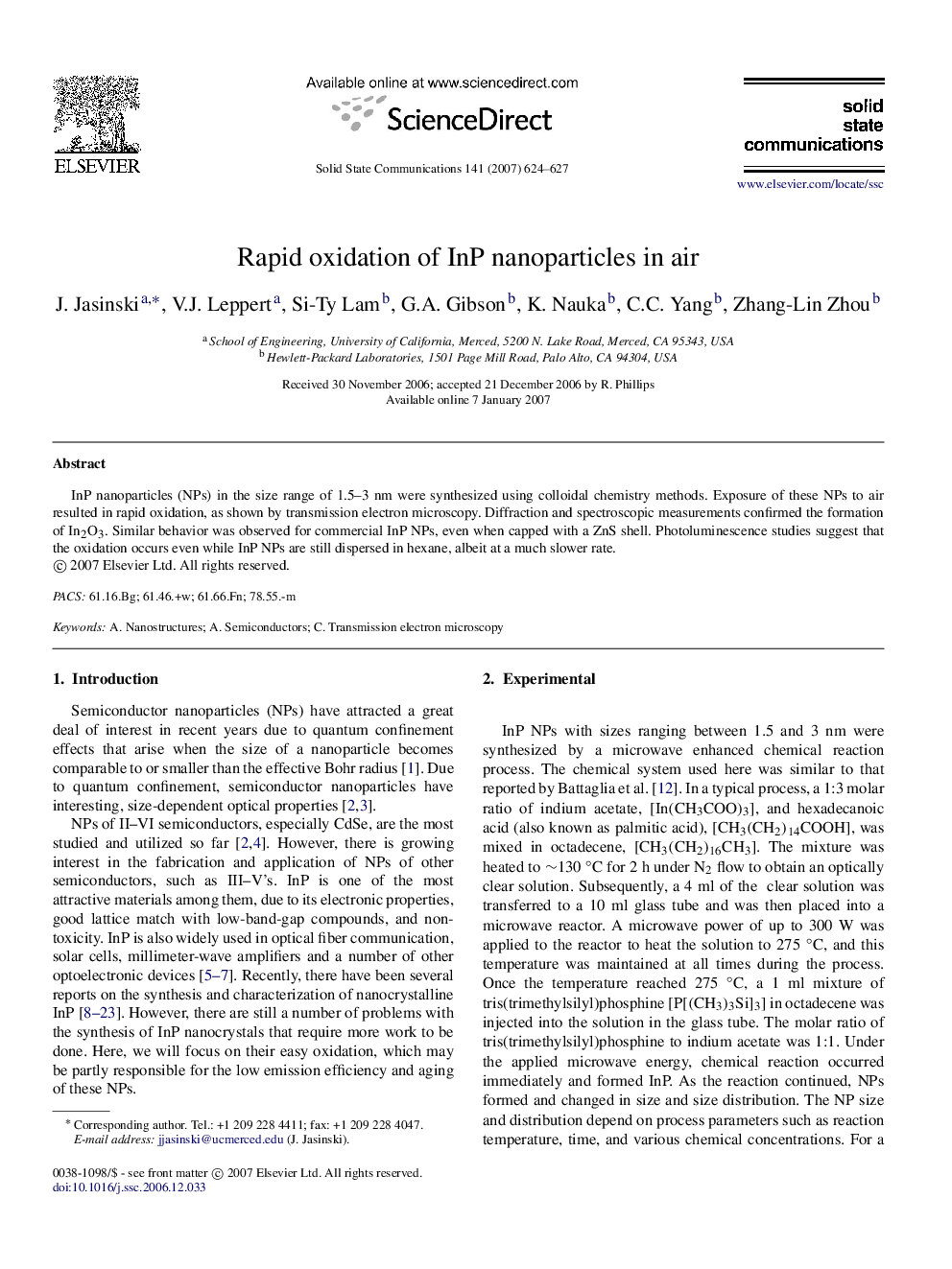 Rapid oxidation of InP nanoparticles in air