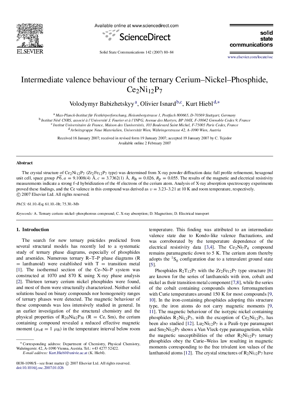 Intermediate valence behaviour of the ternary Cerium–Nickel–Phosphide, Ce2Ni12P7