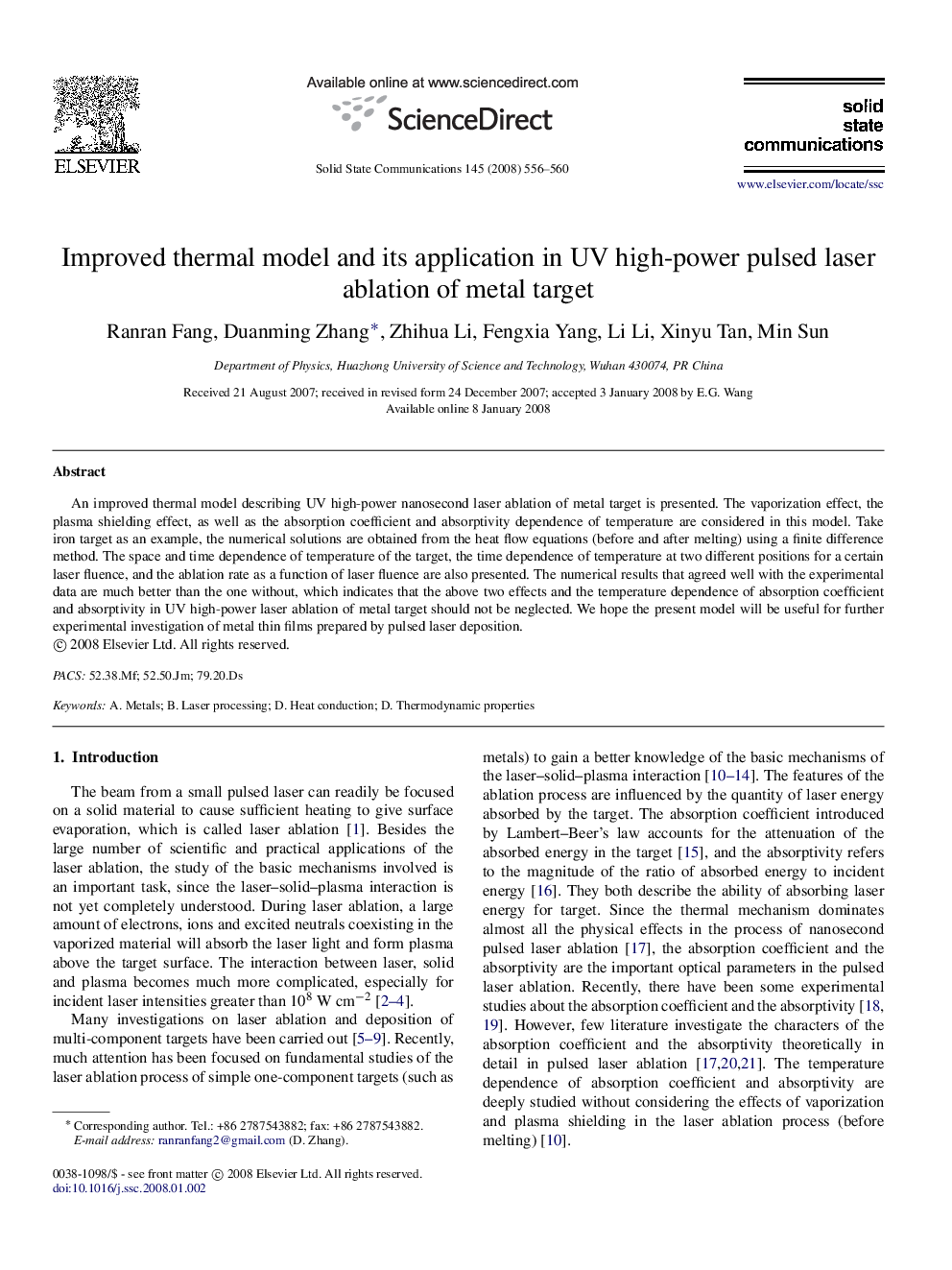 Improved thermal model and its application in UV high-power pulsed laser ablation of metal target