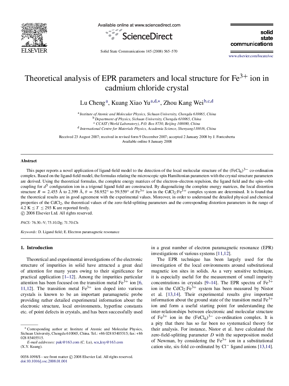 Theoretical analysis of EPR parameters and local structure for Fe3+ ion in cadmium chloride crystal