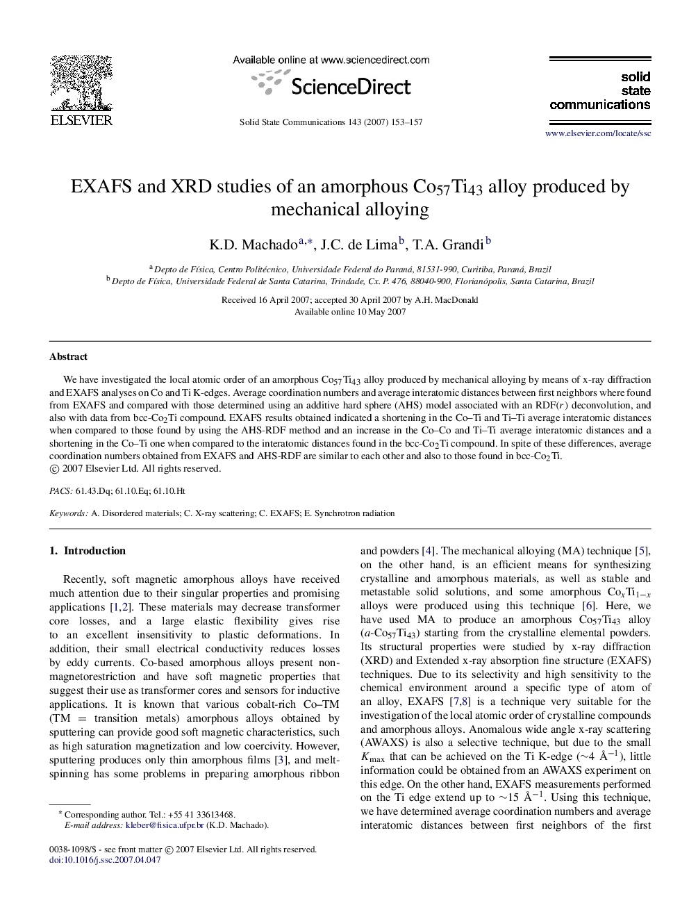 EXAFS and XRD studies of an amorphous Co57Ti43 alloy produced by mechanical alloying