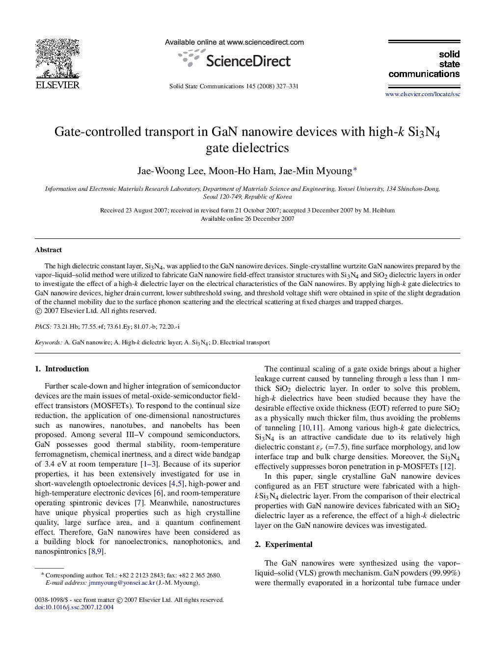 Gate-controlled transport in GaN nanowire devices with high- kÂ Si3N4 gate dielectrics