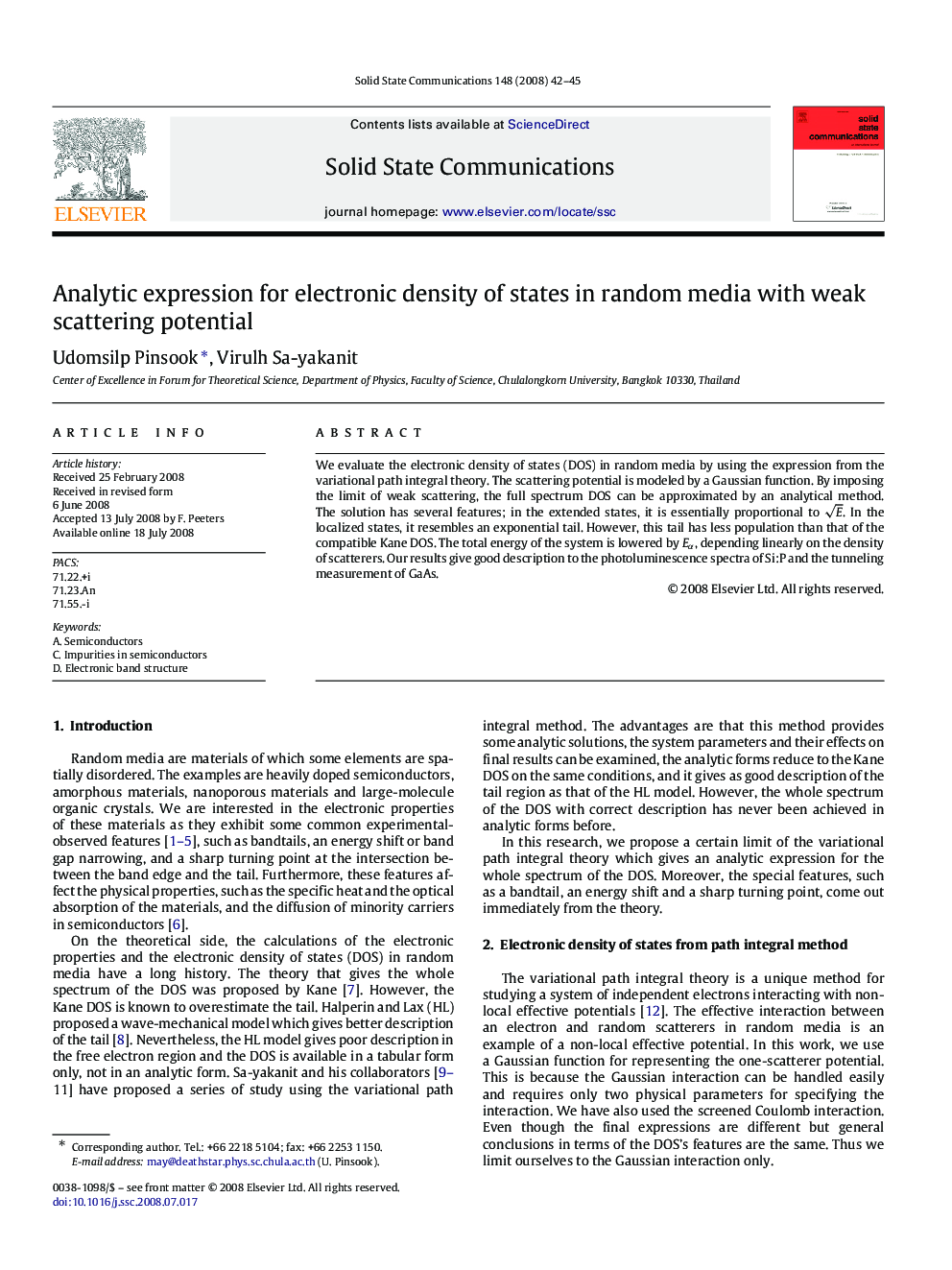 Analytic expression for electronic density of states in random media with weak scattering potential