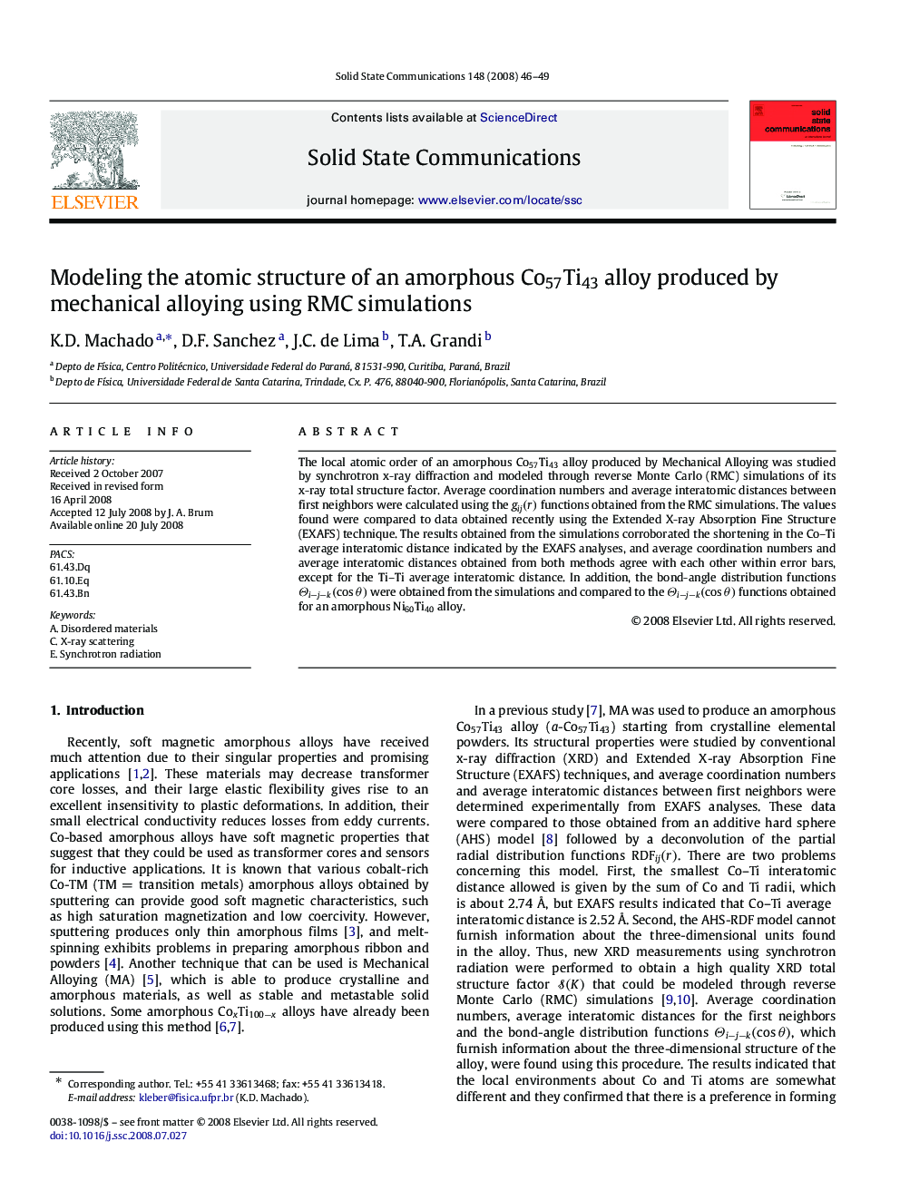 Modeling the atomic structure of an amorphous Co57Ti43 alloy produced by mechanical alloying using RMC simulations