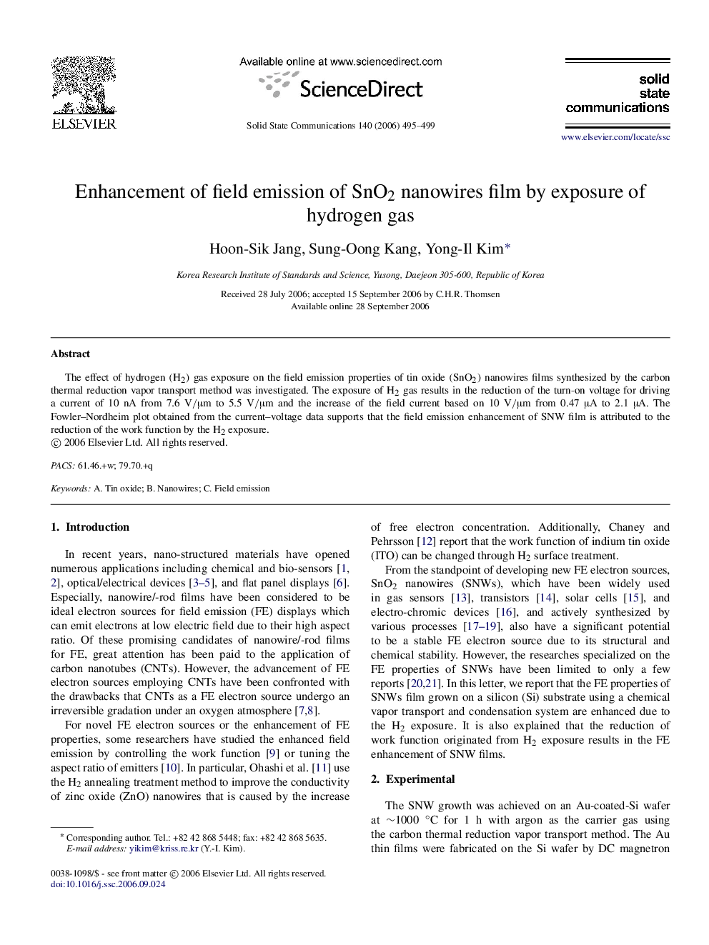 Enhancement of field emission of SnO2 nanowires film by exposure of hydrogen gas