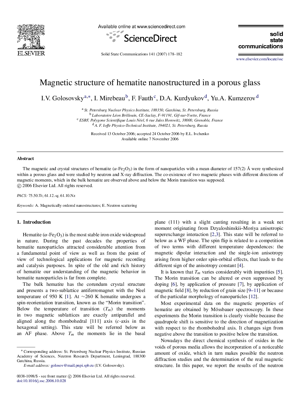 Magnetic structure of hematite nanostructured in a porous glass