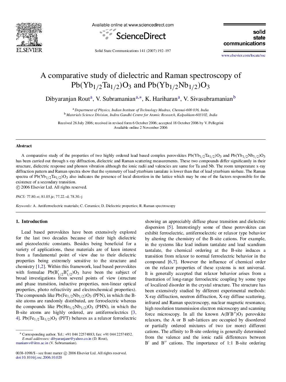 A comparative study of dielectric and Raman spectroscopy of Pb(Y b1/2Ta1/2)O3 and Pb(Y b1/2Nb1/2)O3