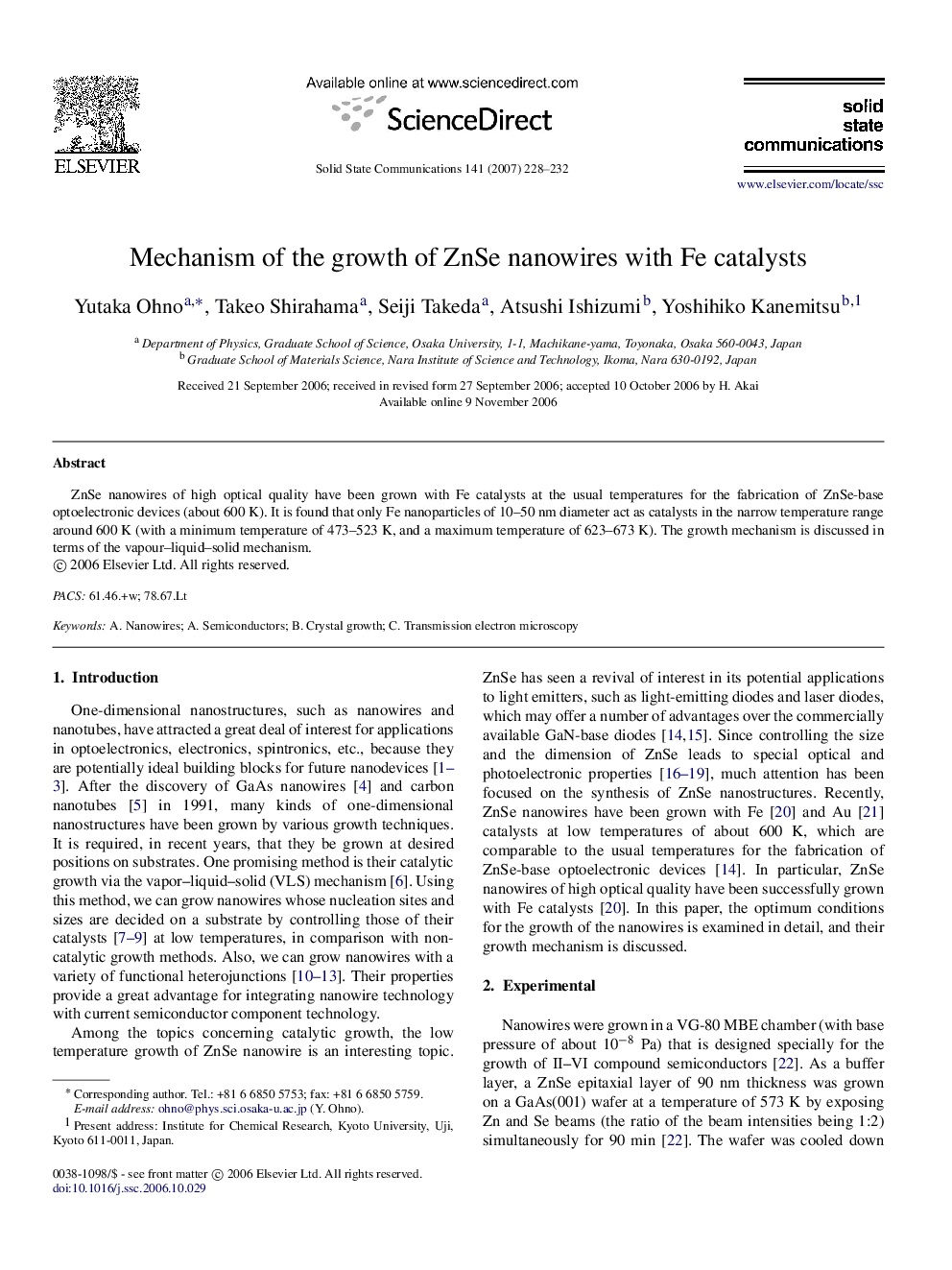 Mechanism of the growth of ZnSe nanowires with Fe catalysts