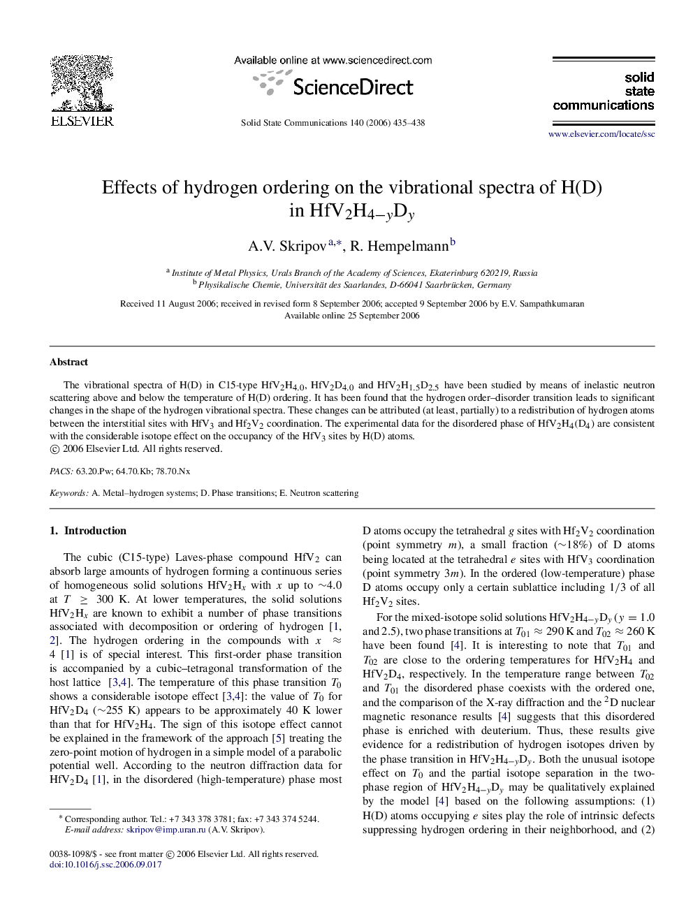 Effects of hydrogen ordering on the vibrational spectra of H(D) in HfV 2H4âyDy