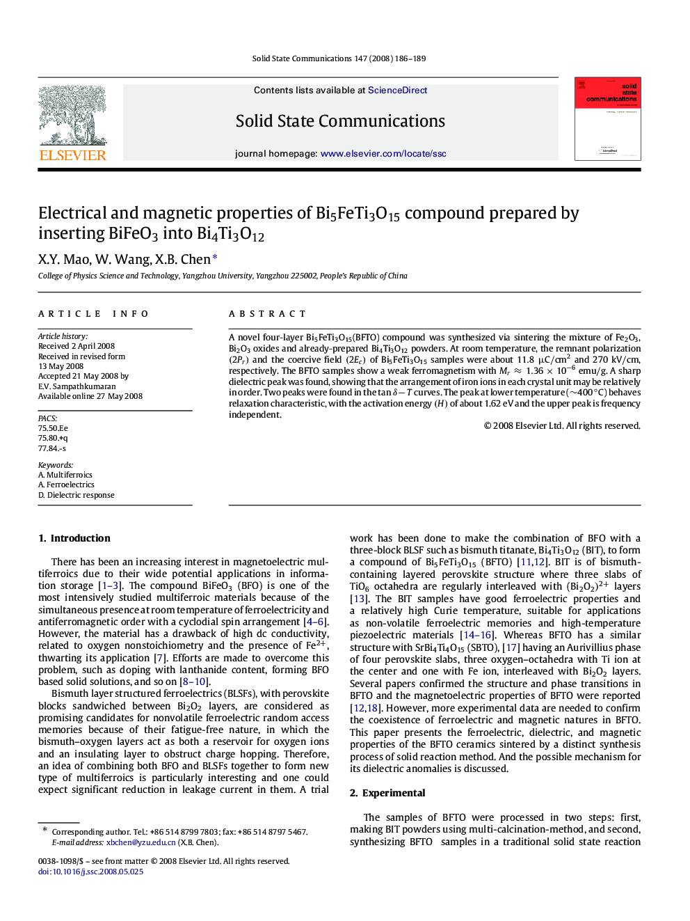 Electrical and magnetic properties of Bi5FeTi3O15 compound prepared by inserting BiFeO3 into Bi4Ti3O12