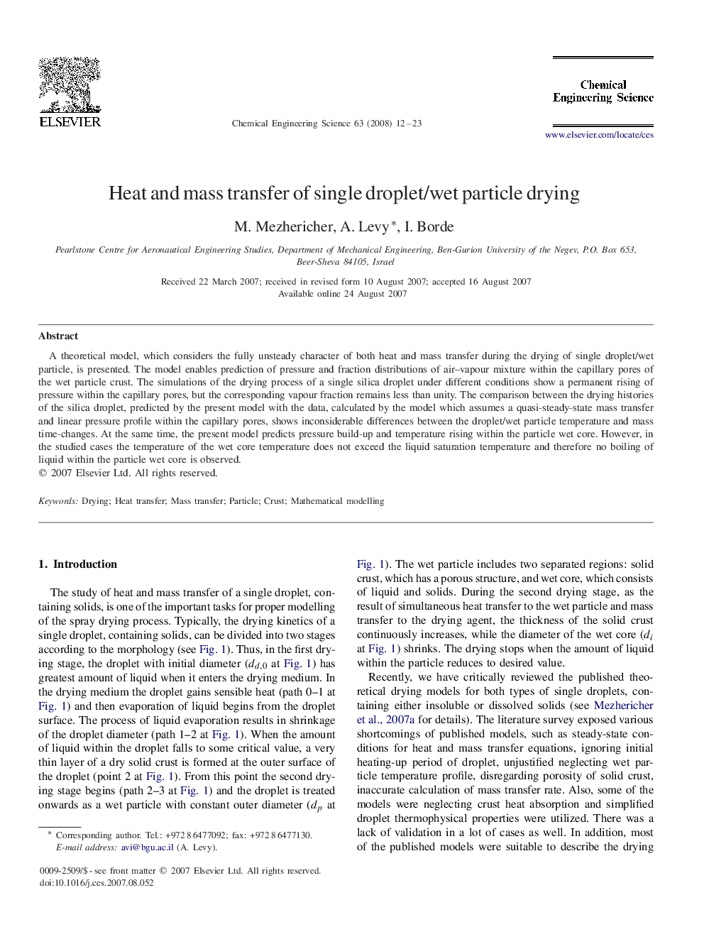 عکس صفحه اول مقاله: Heat and mass transfer of single droplet/wet particle drying Heat and mass transfer of single droplet/wet particle drying
