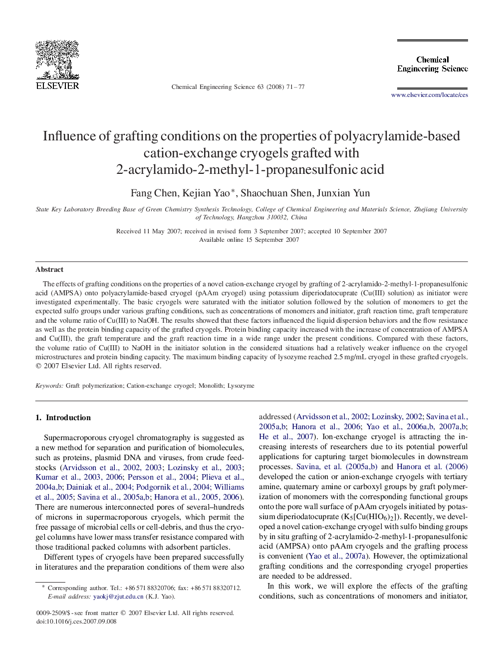 Influence of grafting conditions on the properties of polyacrylamide-based cation-exchange cryogels grafted with 2-acrylamido-2-methyl-1-propanesulfonic acid