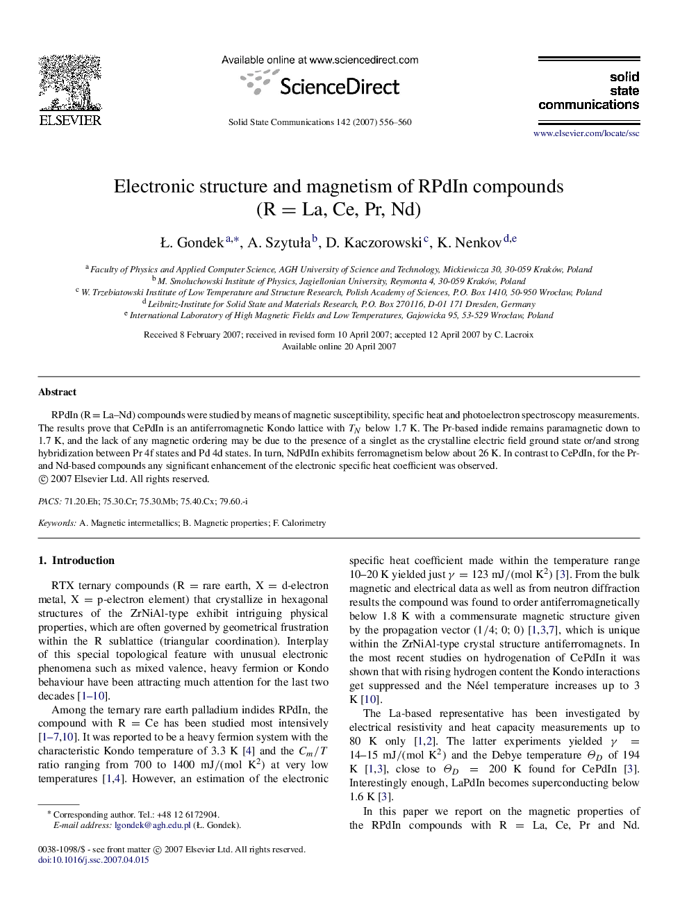 Electronic structure and magnetism of RPdIn compounds (R=La, Ce, Pr, Nd)