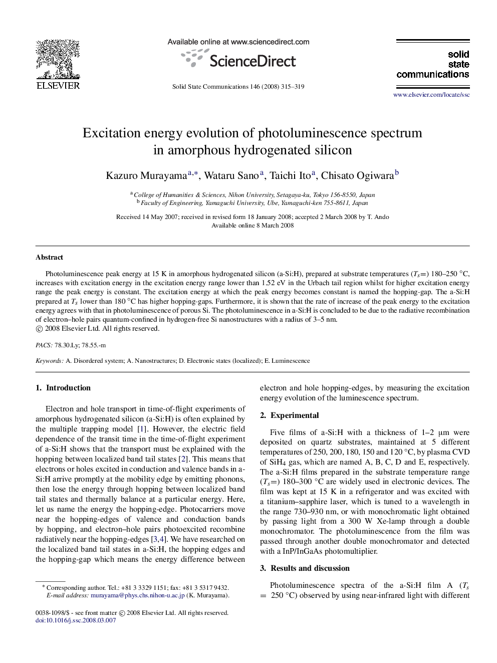 عکس صفحه اول مقاله: Excitation energy evolution of photoluminescence spectrum in amorphous hydrogenated silicon Excitation energy evolution of photoluminescence spectrum in amorphous hydrogenated silicon
