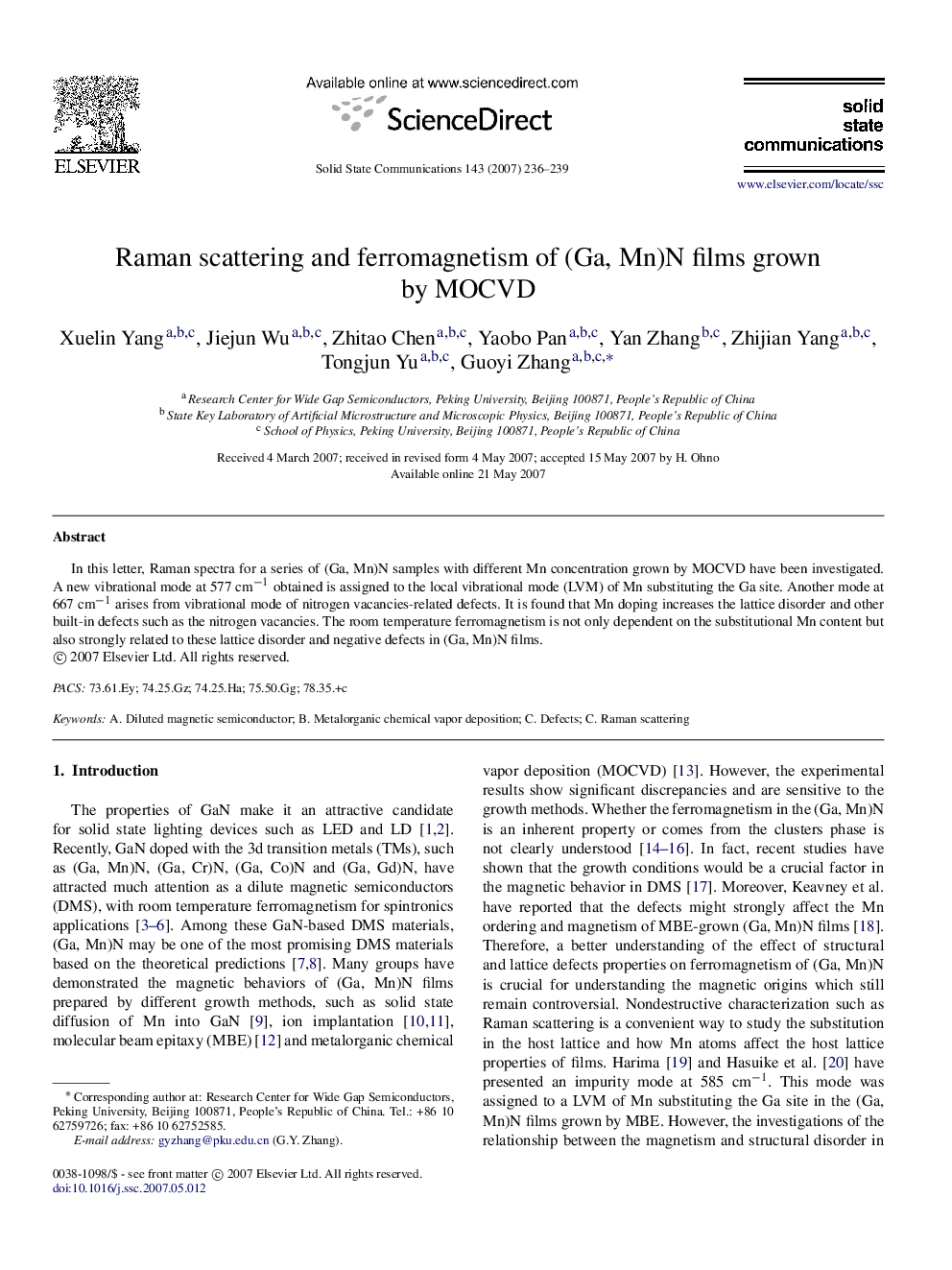 Raman scattering and ferromagnetism of (Ga, Mn)N films grown by MOCVD