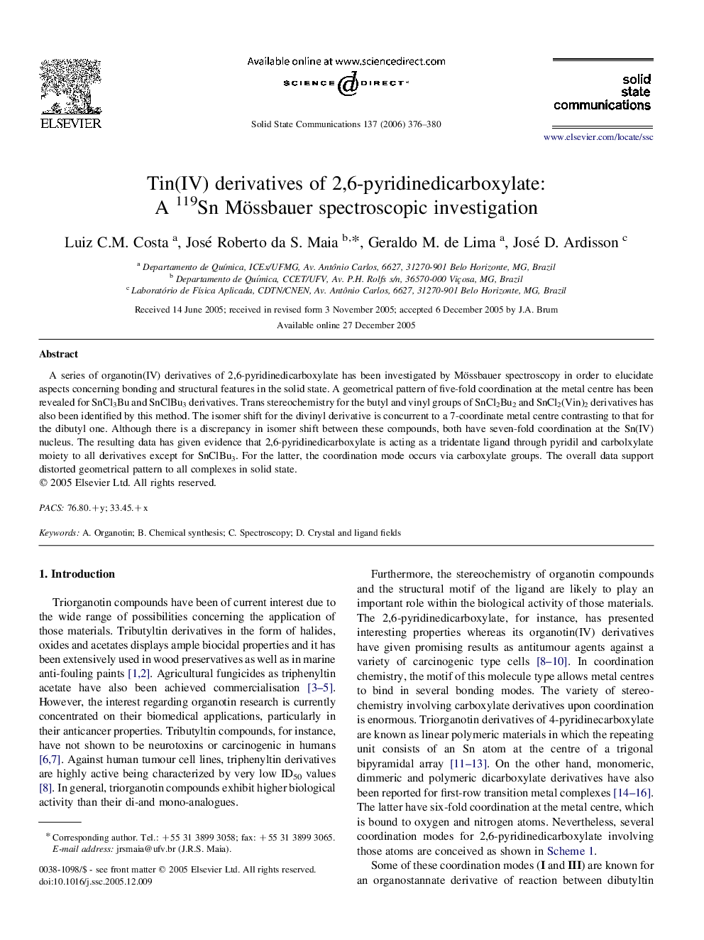 Tin(IV) derivatives of 2,6-pyridinedicarboxylate: A 119Sn Mössbauer spectroscopic investigation