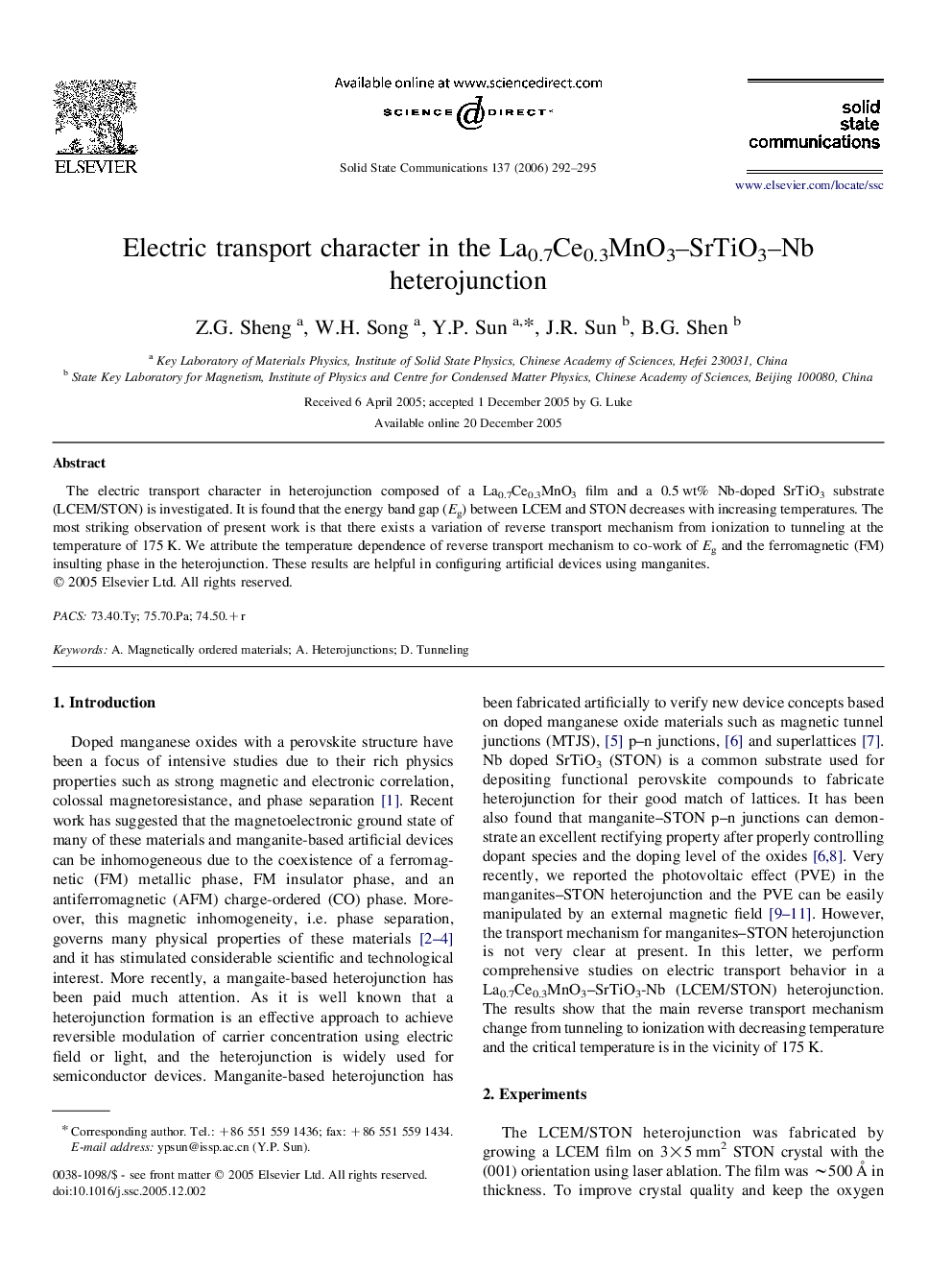 Electric transport character in the La0.7Ce0.3MnO3–SrTiO3–Nb heterojunction