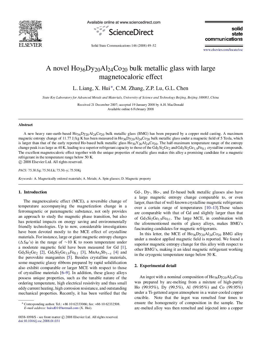 A novel Ho36Dy20Al24Co20 bulk metallic glass with large magnetocaloric effect