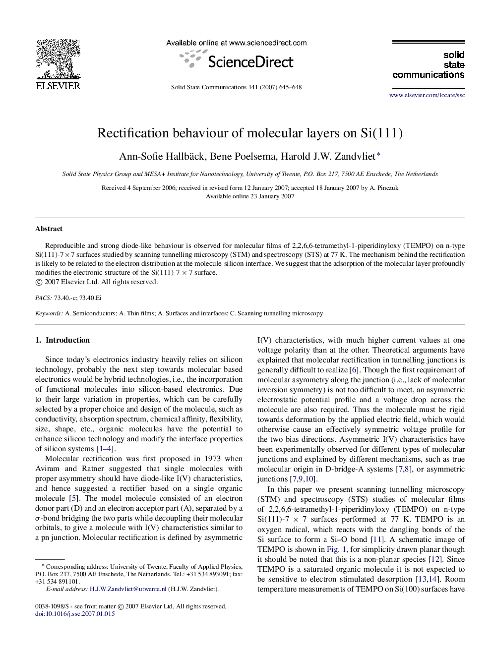 Rectification behaviour of molecular layers on Si(111)