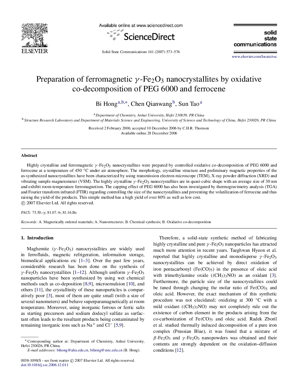 Preparation of ferromagnetic γ - Fe2O3 nanocrystallites by oxidative co-decomposition of PEG 6000 and ferrocene