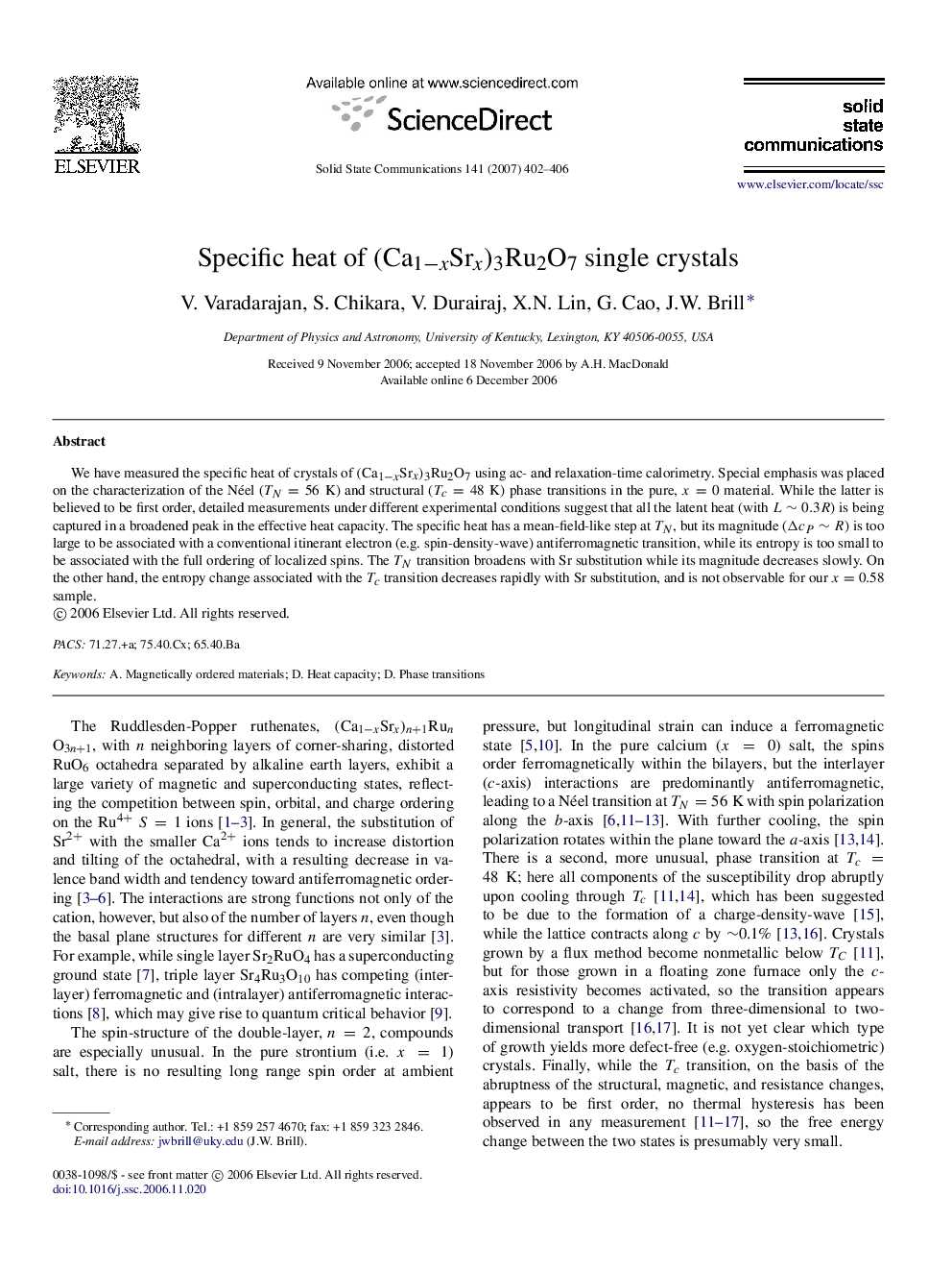 Specific heat of (Ca1âxSrx)3Ru2O7 single crystals