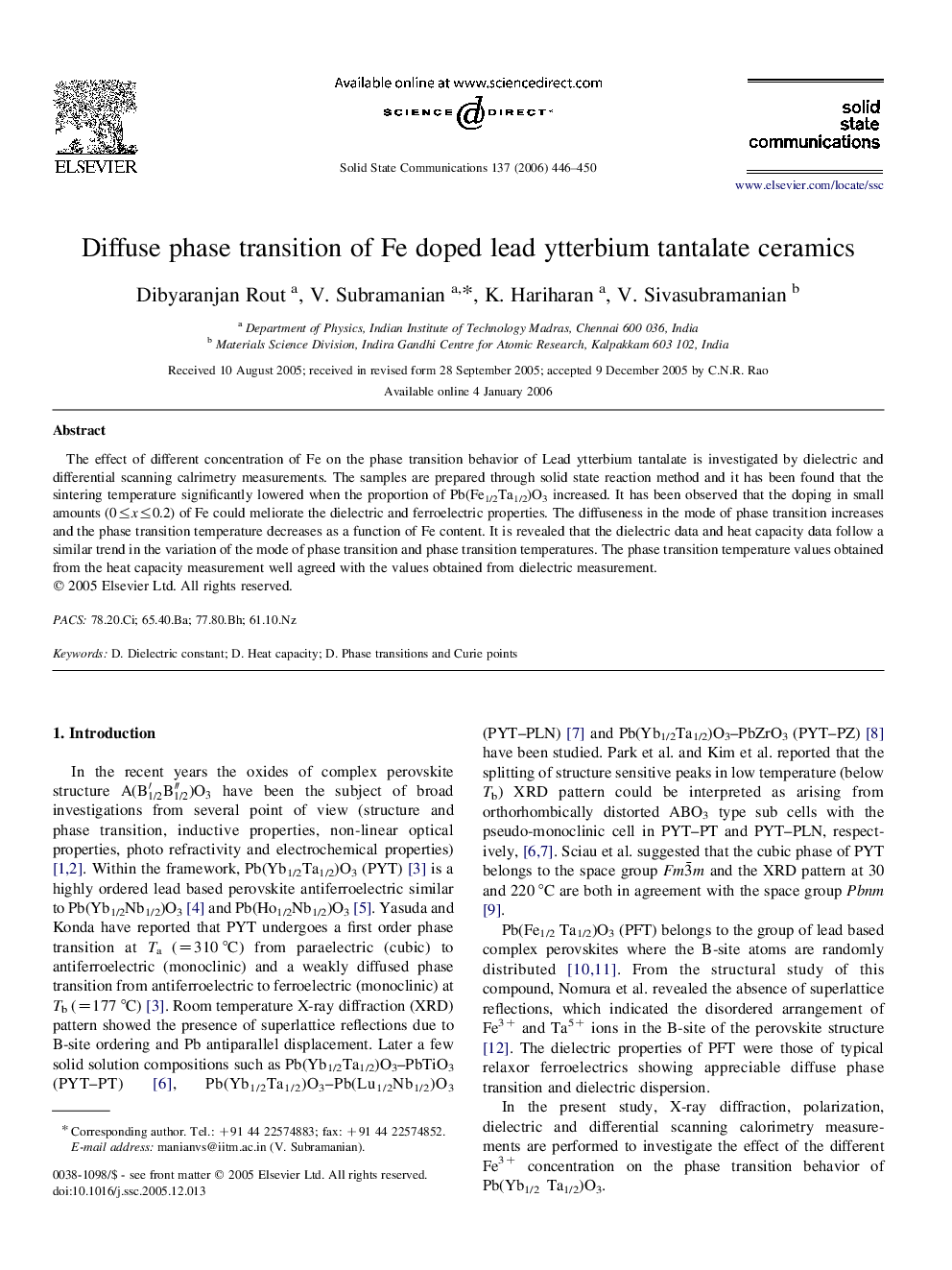 Diffuse phase transition of Fe doped lead ytterbium tantalate ceramics