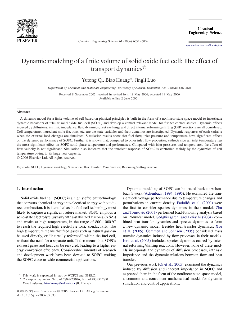 Dynamic modeling of a finite volume of solid oxide fuel cell: The effect of transport dynamics 