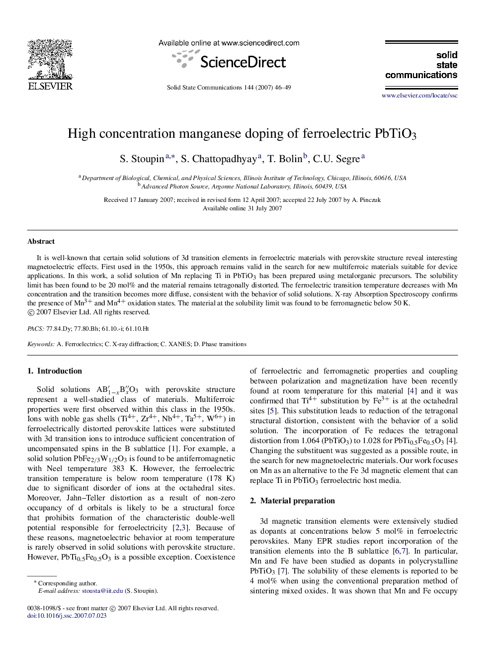 عکس صفحه اول مقاله: High concentration manganese doping of ferroelectric PbTiO3 High concentration manganese doping of ferroelectric PbTiO3