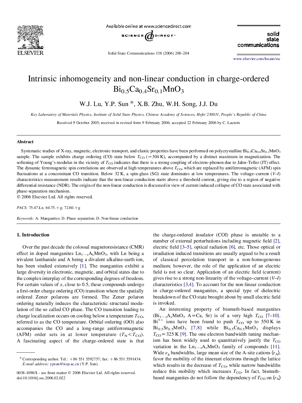 Intrinsic inhomogeneity and non-linear conduction in charge-ordered Bi0.5Ca0.4Sr0.1MnO3