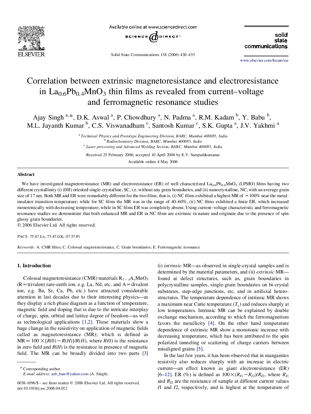 Correlation between extrinsic magnetoresistance and electroresistance in La0.6Pb0.4MnO3 thin films as revealed from current–voltage and ferromagnetic resonance studies