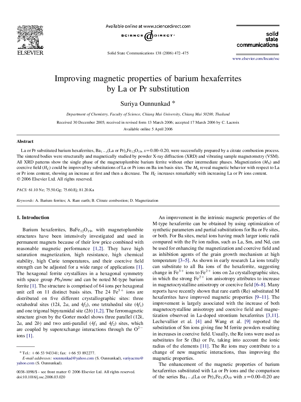 Improving magnetic properties of barium hexaferrites by La or Pr substitution